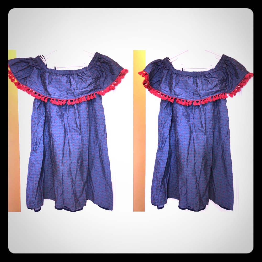 Blue denim dress with red bobbles